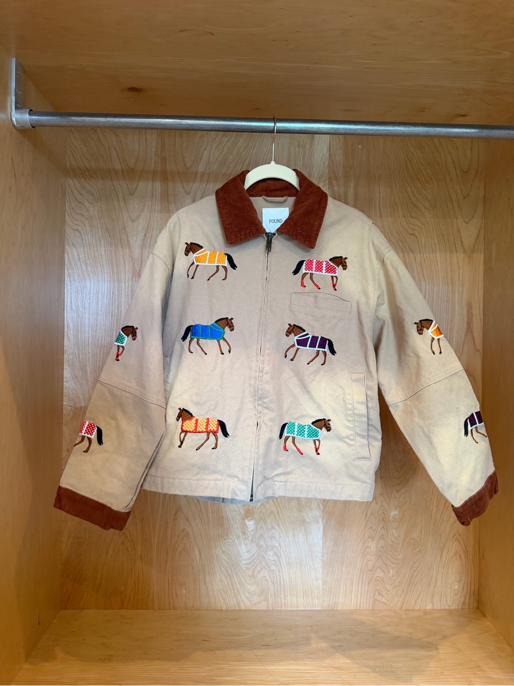 FOUND Beige Horse Embroidered Jacket with Brown Collar
